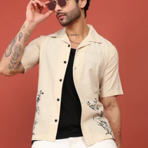 Beige Bloom Embroidered Resort Shirt