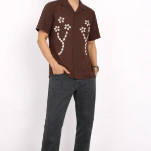 Brown Bloom Linen Shirt - Image 3
