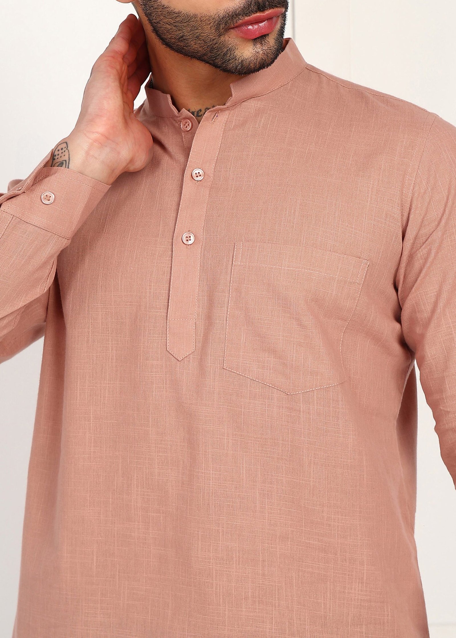 Men’s Peach Linen Short Kurta - Image 3