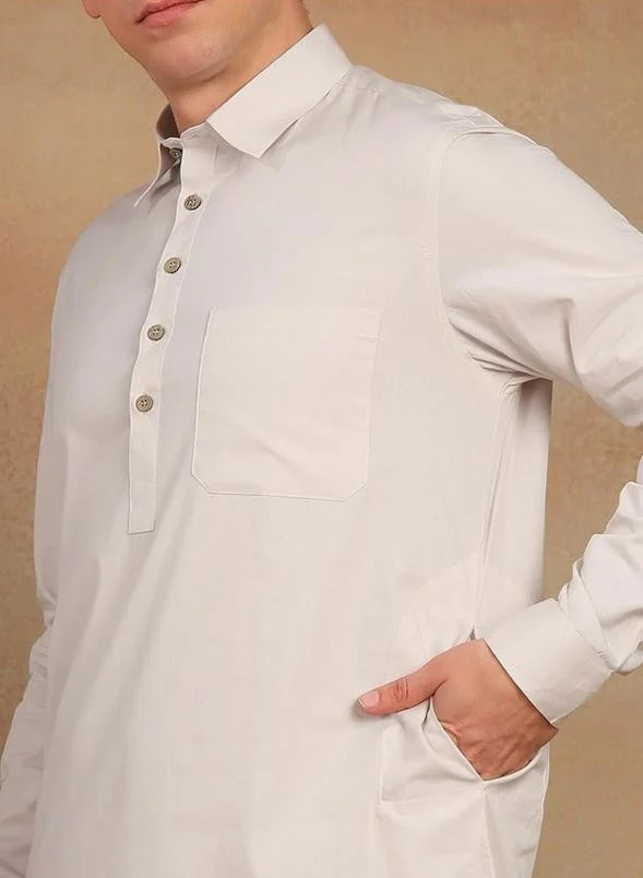 Beige Cotton Linen Pathani kurta with Salwar - Image 4