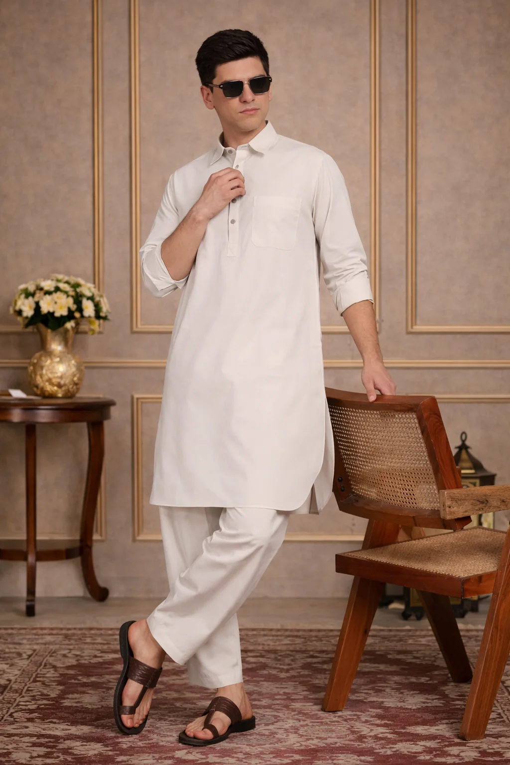 Beige Cotton Linen Pathani kurta with Salwar