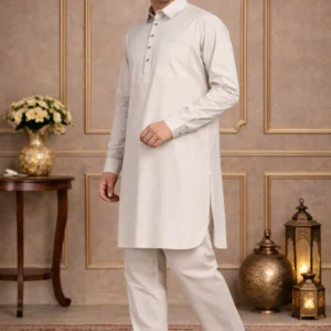 Beige Cotton Linen Pathani kurta with Salwar - Image 3