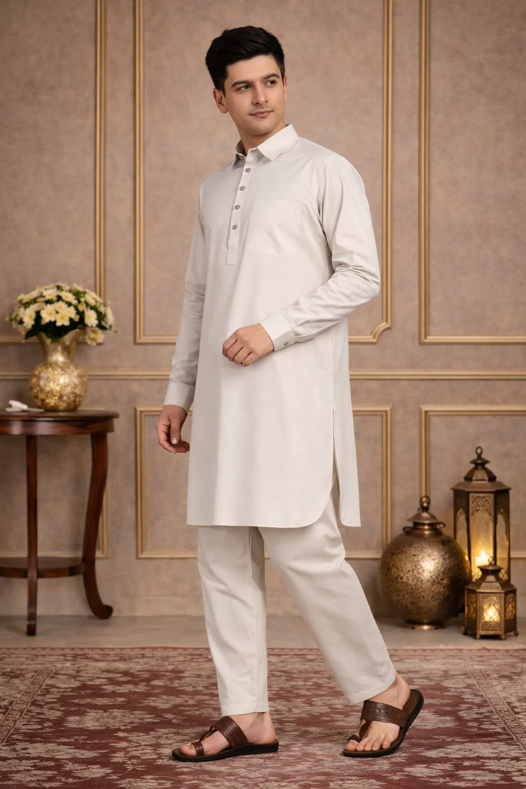 Beige Cotton Linen Pathani kurta with Salwar - Image 3