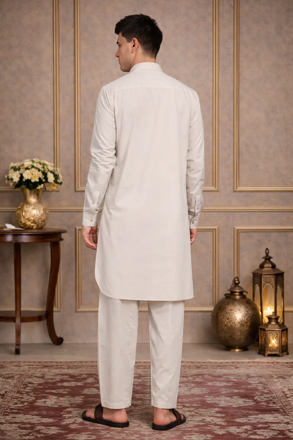 Beige Cotton Linen Pathani kurta with Salwar - Image 2
