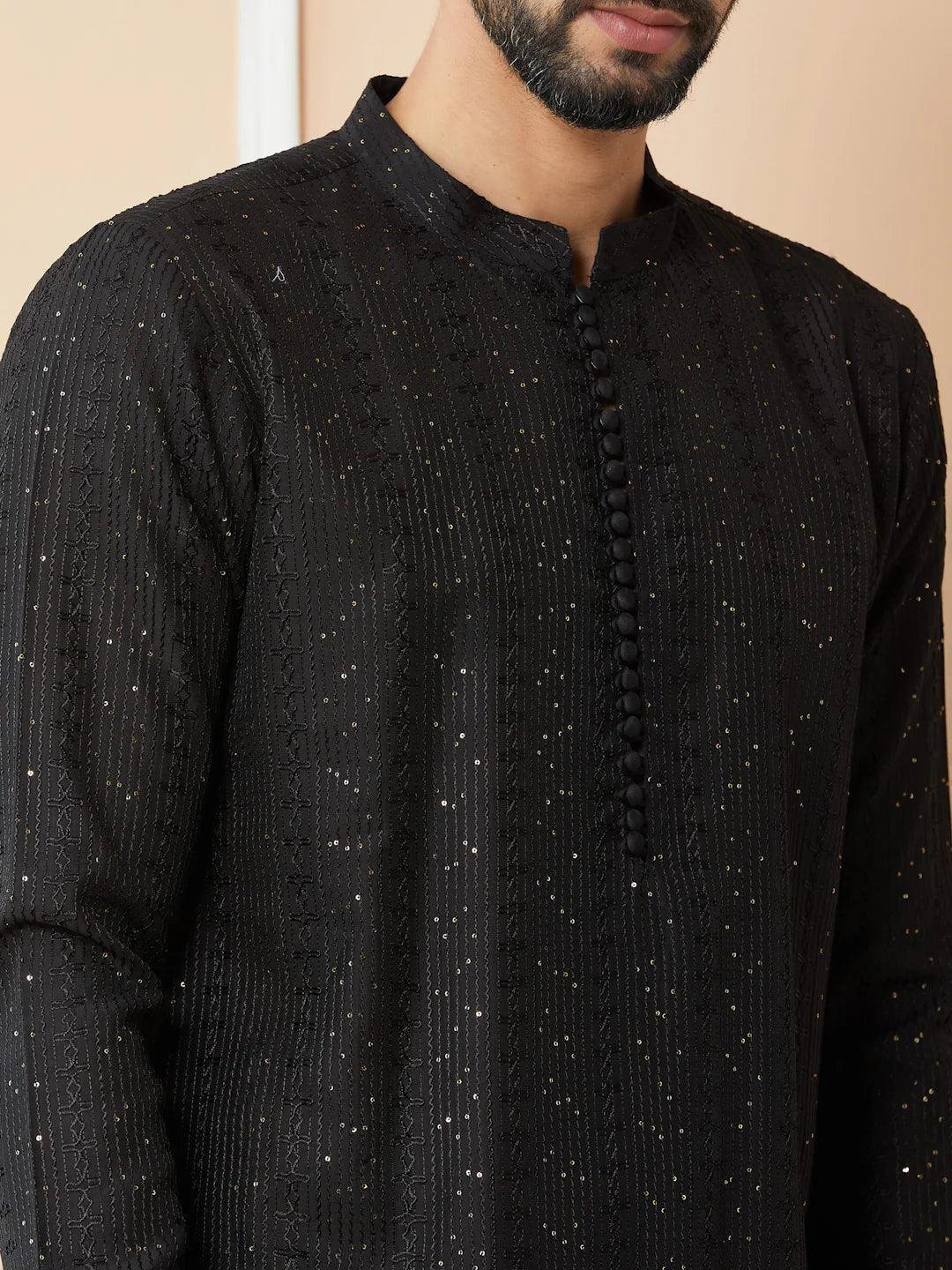 Black Chanderi Silk Kurta pyjama - Image 4