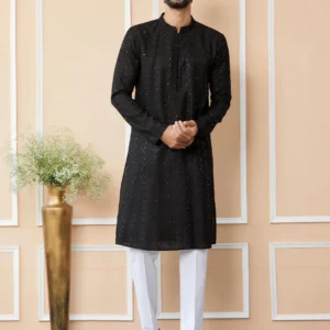 Black Chanderi Silk Kurta pyjama - Image 3