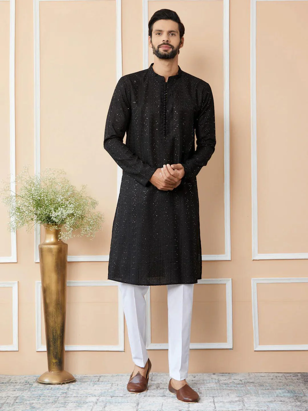 Black Chanderi Silk Kurta pyjama - Image 3