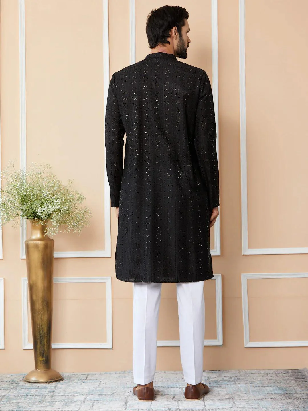 Black Chanderi Silk Kurta pyjama - Image 2