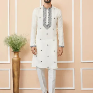 Cream Embroidered Chanderi Silk Straight Kurta Pajama