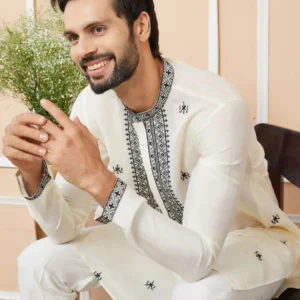 Alternative view of Cream Embroidered Chanderi Silk Straight Kurta Pajama