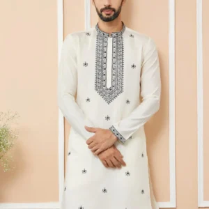 Cream Embroidered Chanderi Silk Straight Kurta Pajama - Image 3