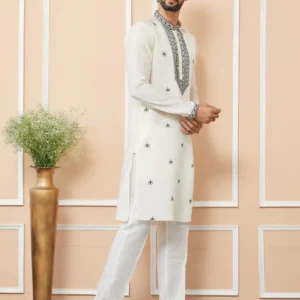 Cream Embroidered Chanderi Silk Straight Kurta Pajama - Image 4