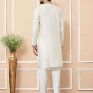 Cream Embroidered Chanderi Silk Straight Kurta Pajama - Image 5
