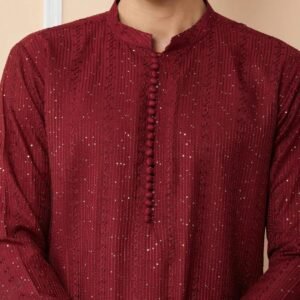 Dark Maroon Chanderi Silk Kurta pyjama - Image 5