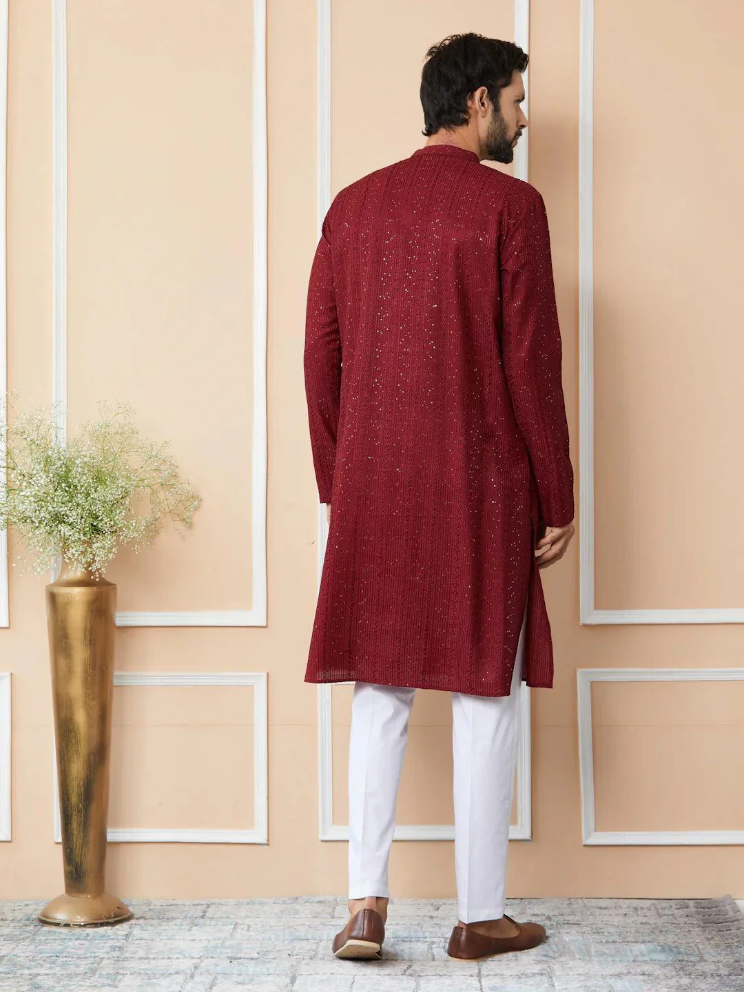 Dark Maroon Chanderi Silk Kurta pyjama - Image 2