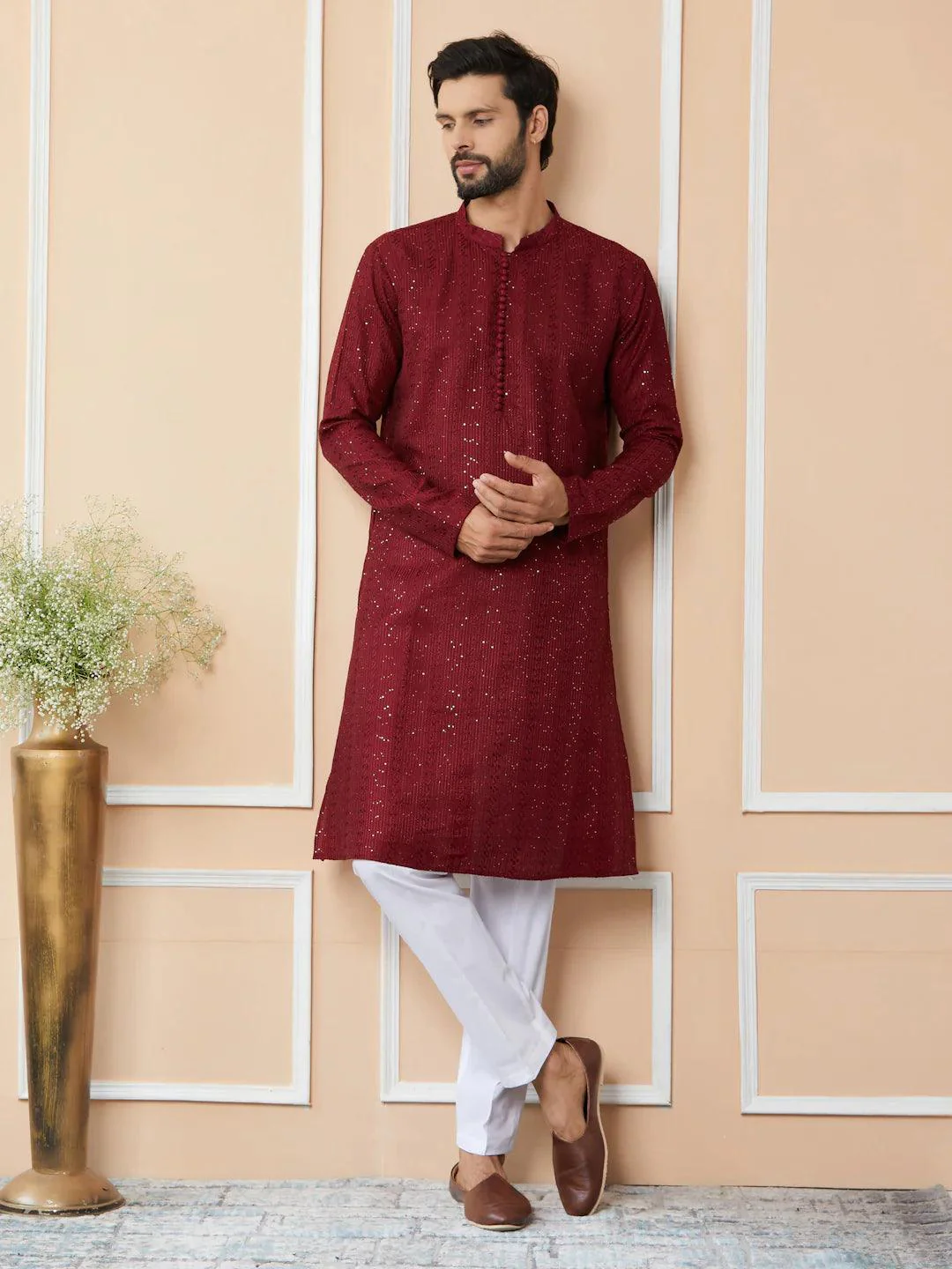 Dark Maroon Chanderi Silk Kurta pyjama