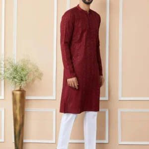Dark Maroon Chanderi Silk Kurta pyjama - Image 3