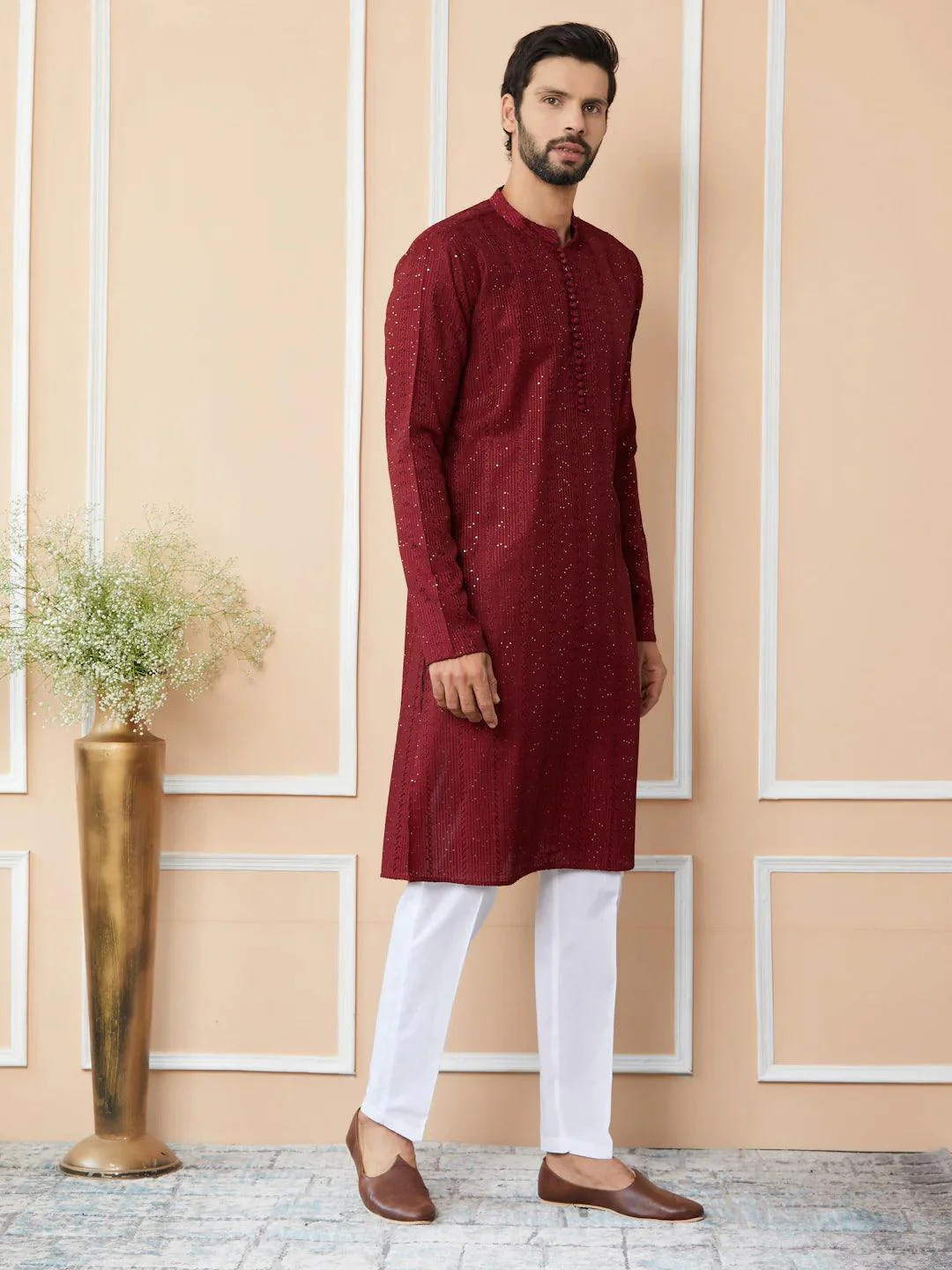 Dark Maroon Chanderi Silk Kurta pyjama - Image 3