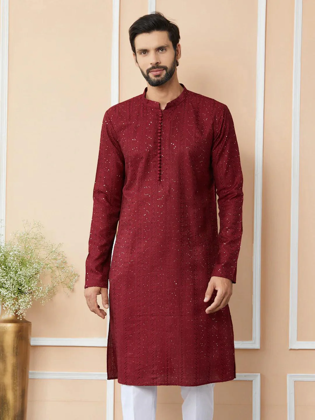 Dark Maroon Chanderi Silk Kurta pyjama - Image 4