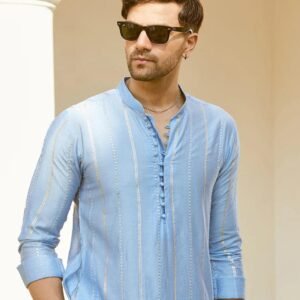 Alternative view of Embroidered Regular Sequinned Chanderi Silk Kurta with Pyjamas