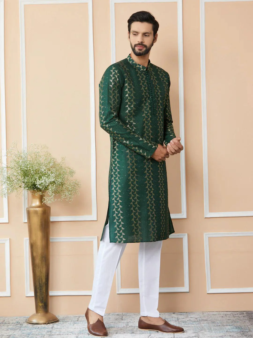 Green Chanderi Silk Kurta pyjama - Image 2