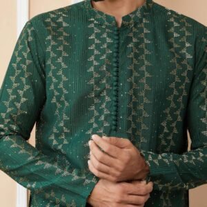 Green Chanderi Silk Kurta pyjama - Image 3