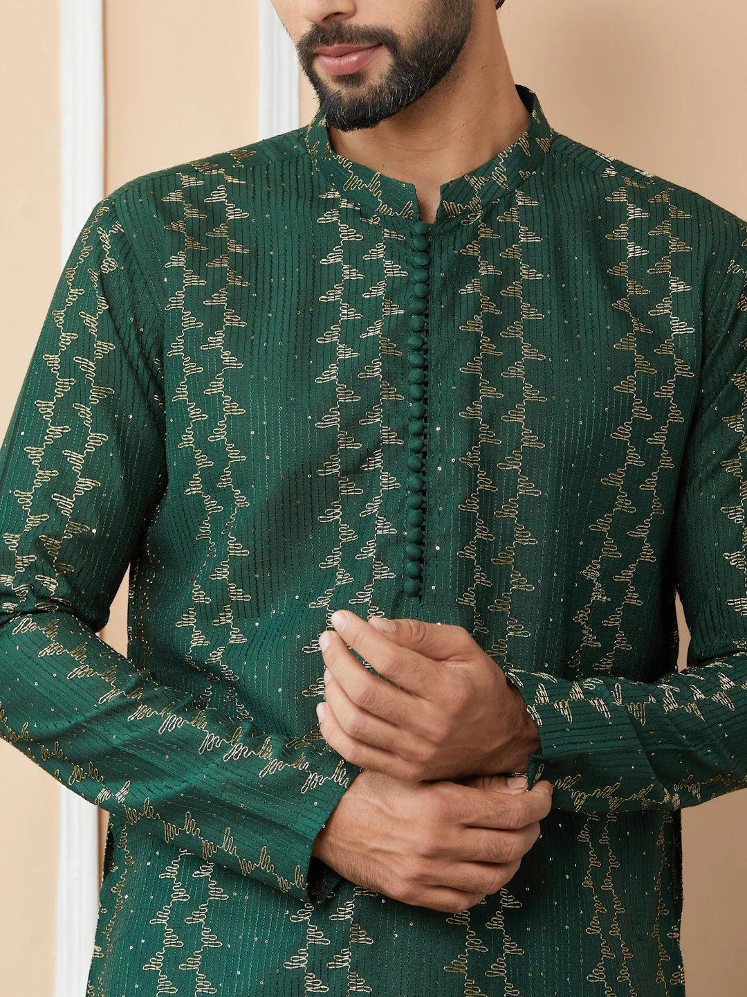 Green Chanderi Silk Kurta pyjama - Image 3