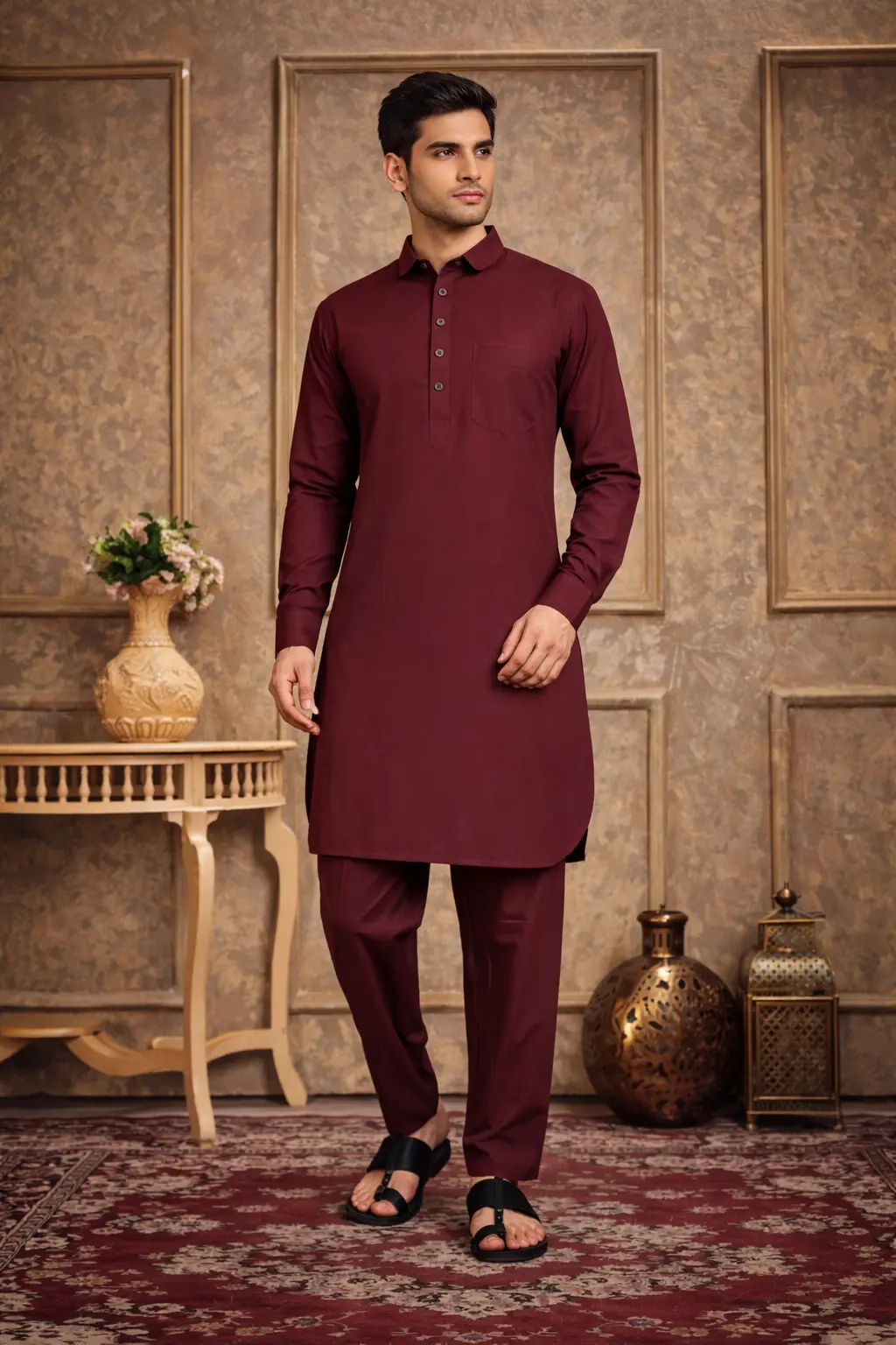 Men Maroon Pathani Suit