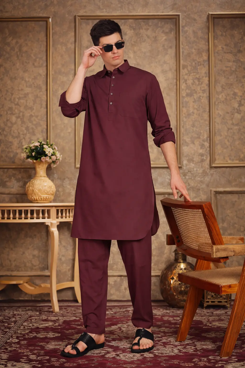 Men Maroon Pathani Suit - Image 3