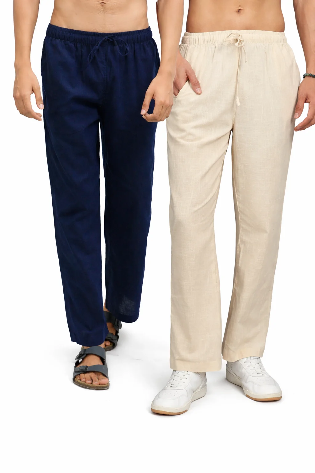 Navy blue & Beige Combo Men Linen Pajama (Pack of 2)