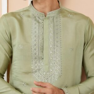 Olive Embroidered Chanderi Silk Straight Kurta Pyjama - Image 5