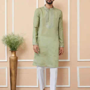 Olive Embroidered Chanderi Silk Straight Kurta Pyjama
