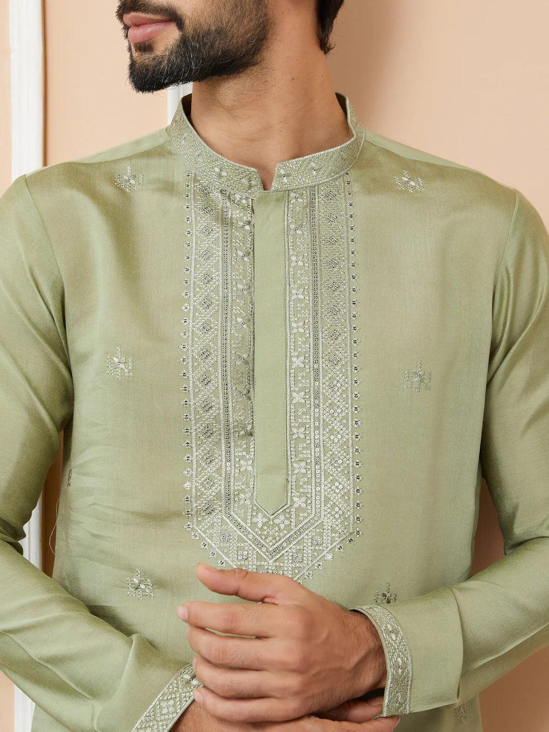 Olive Embroidered Chanderi Silk Straight Kurta Pyjama - Image 5