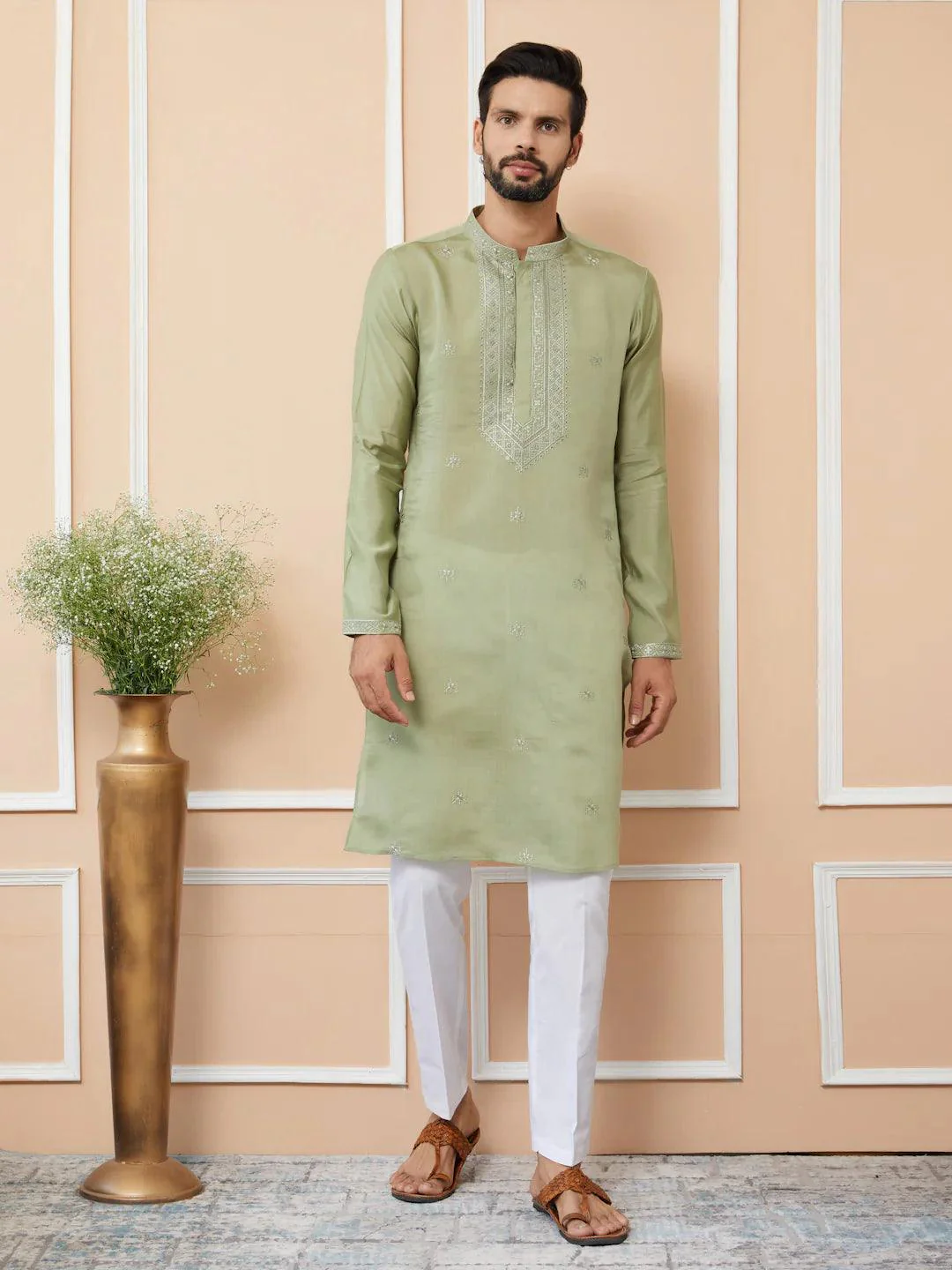 Olive Embroidered Chanderi Silk Straight Kurta Pyjama