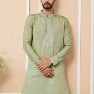 Olive Embroidered Chanderi Silk Straight Kurta Pyjama - Image 3