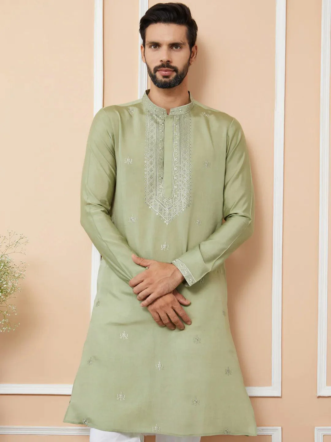 Olive Embroidered Chanderi Silk Straight Kurta Pyjama - Image 3
