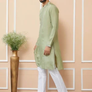 Olive Embroidered Chanderi Silk Straight Kurta Pyjama - Image 4
