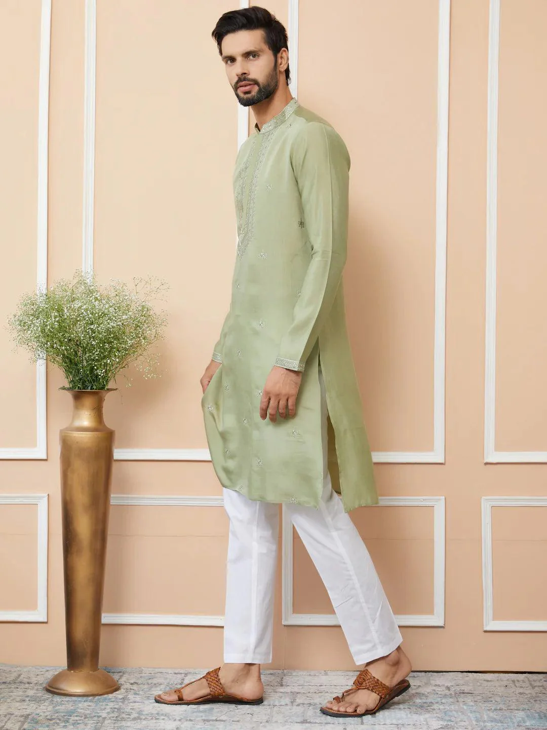 Olive Embroidered Chanderi Silk Straight Kurta Pyjama - Image 4