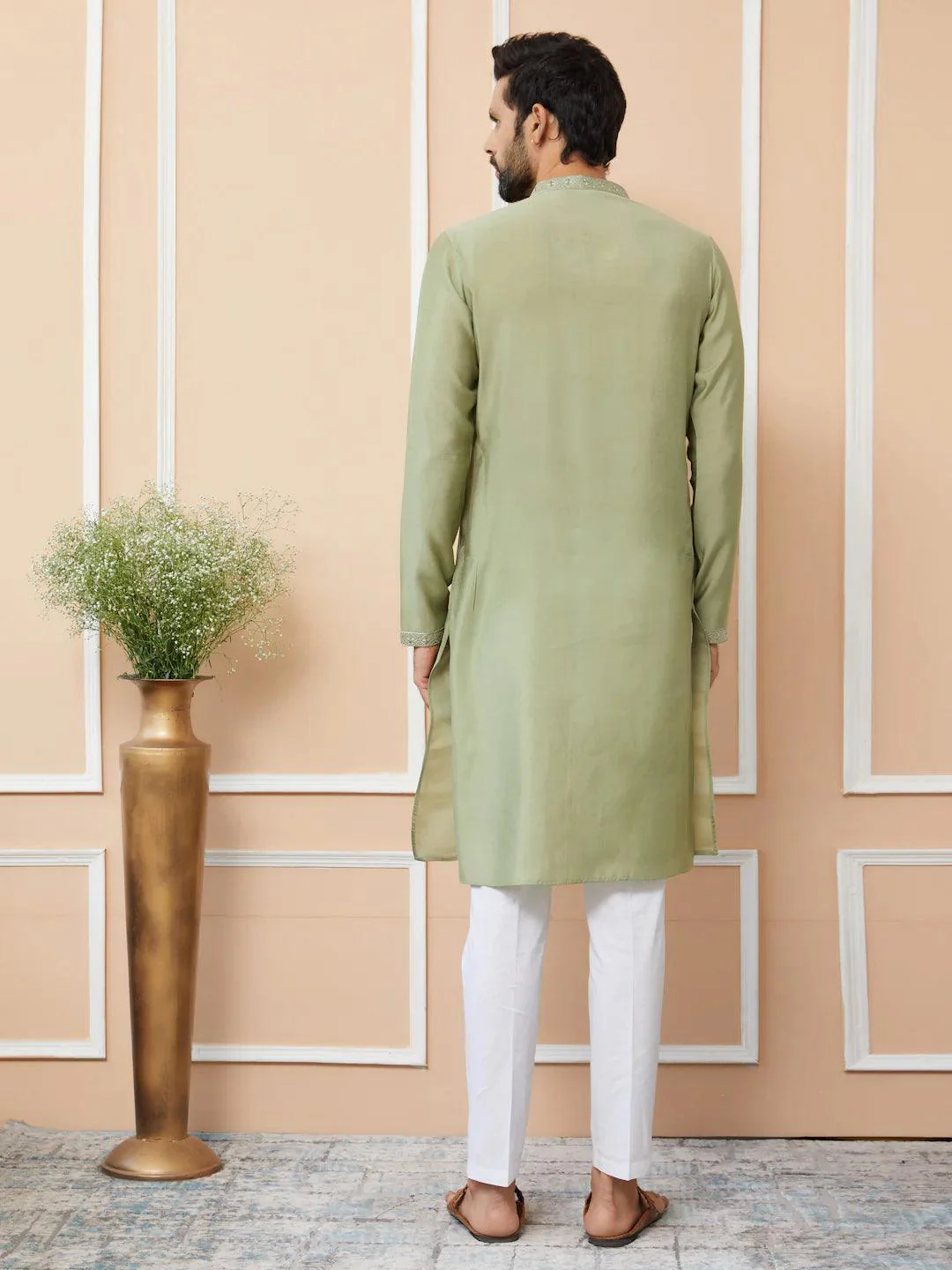 Olive Embroidered Chanderi Silk Straight Kurta Pyjama - Image 2