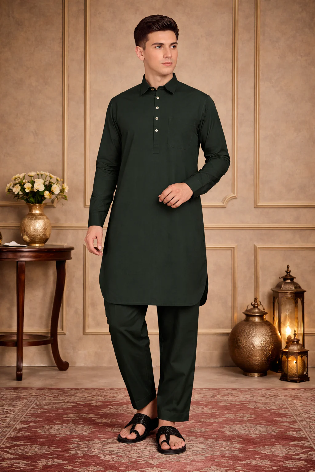 Olive Green Pathani Suit for Men