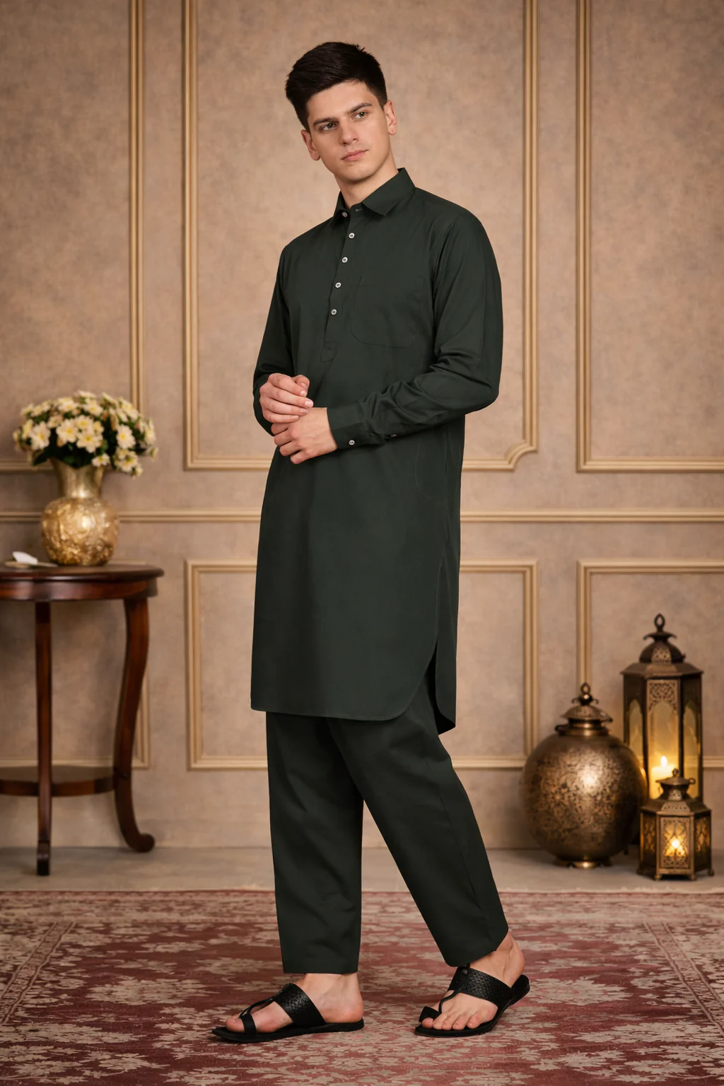 Olive Green Pathani Suit for Men - Image 5