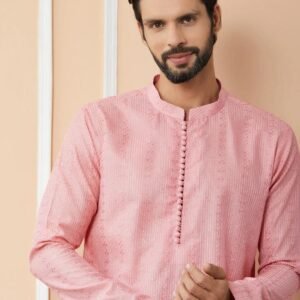 Pink Chanderi Silk Kurta Pyjama - Image 5