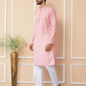 Pink Chanderi Silk Kurta Pyjama - Image 4
