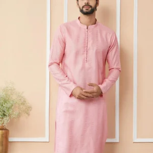 Pink Chanderi Silk Kurta Pyjama - Image 3