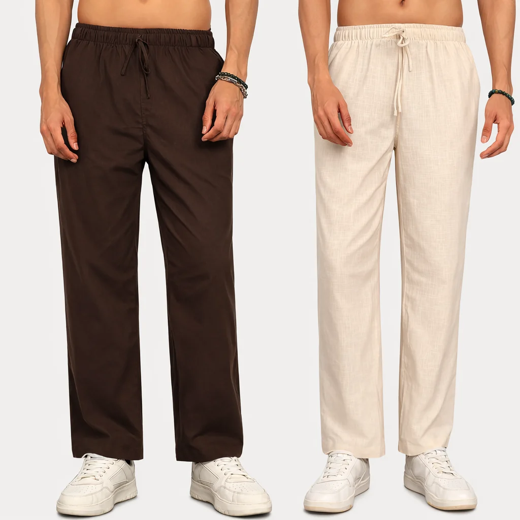 Men’s Linen Pajama Combo – Beige & Brown (Pack of 2)